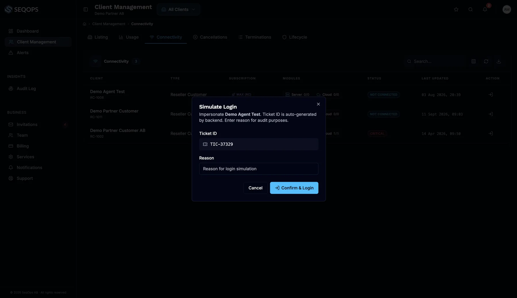 A partner opening a customer workspace: SeqOps asks for a reason for audit purposes before the login