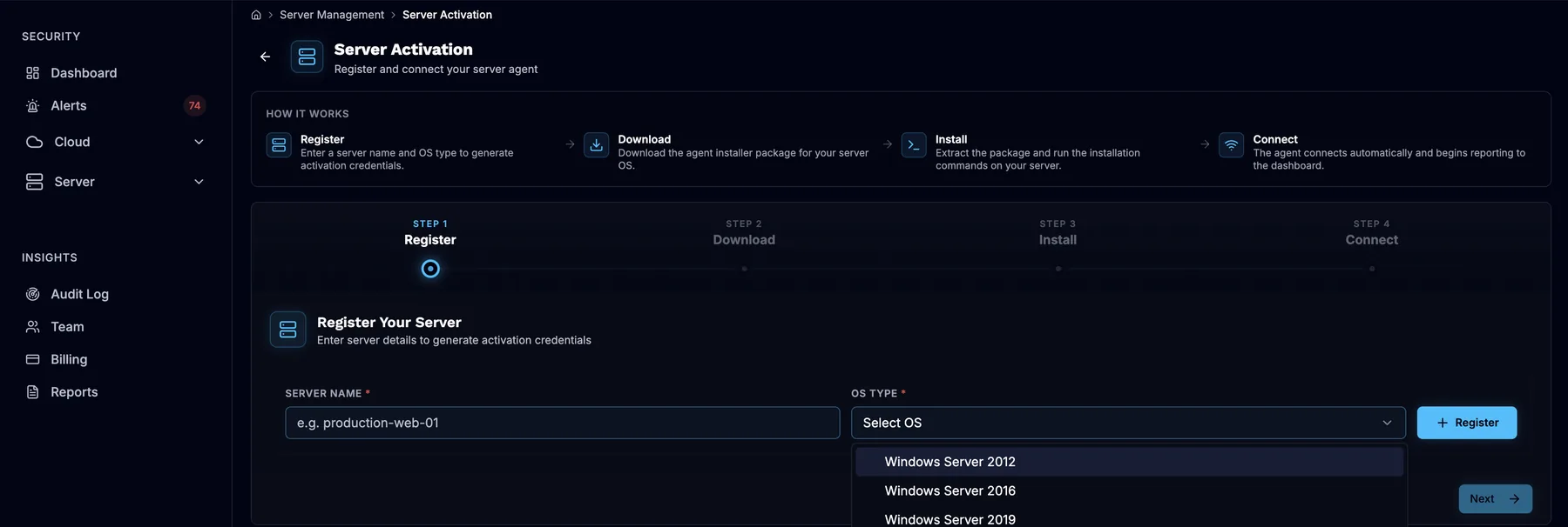 SeqOps Server Manager listing servers by name, status (Activated or Pending) and last update, with sample data
