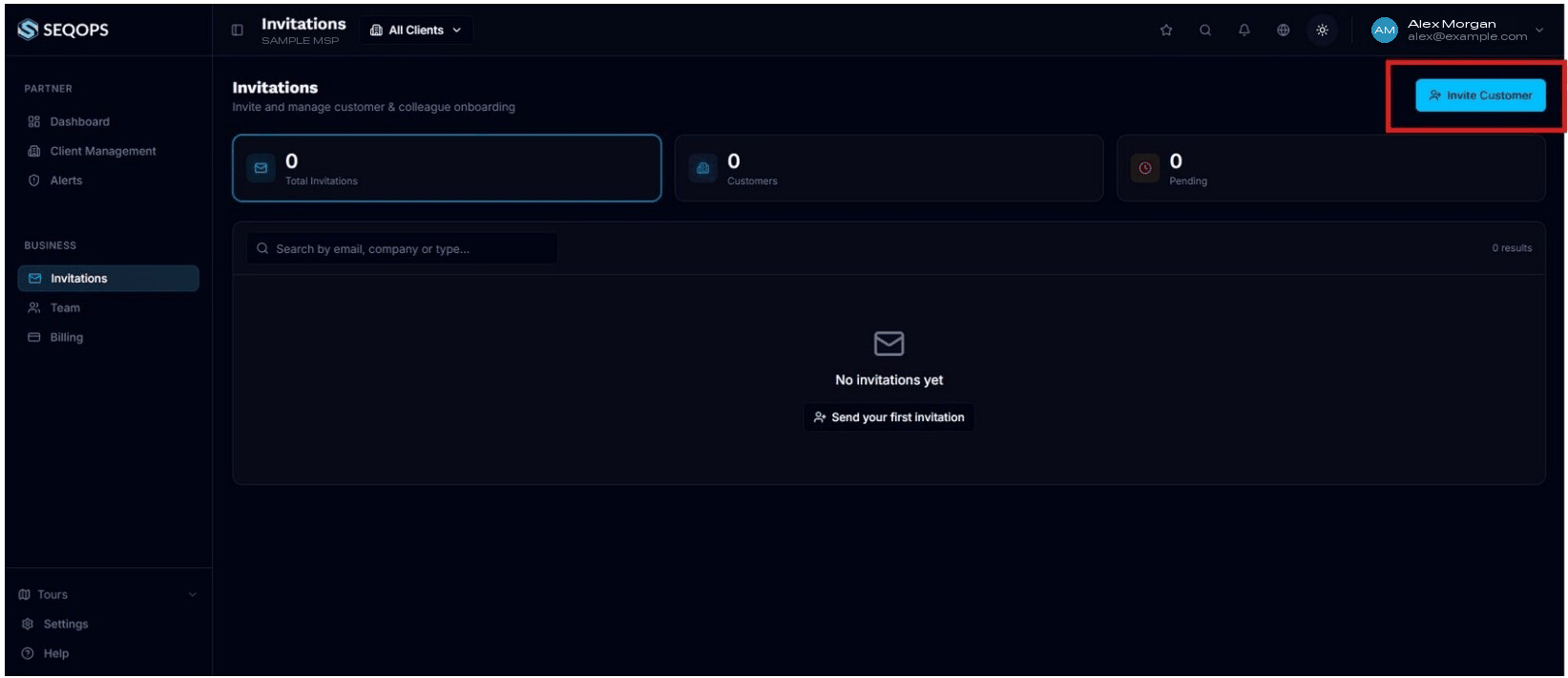 Invitations screen with the Invite Customer button highlighted