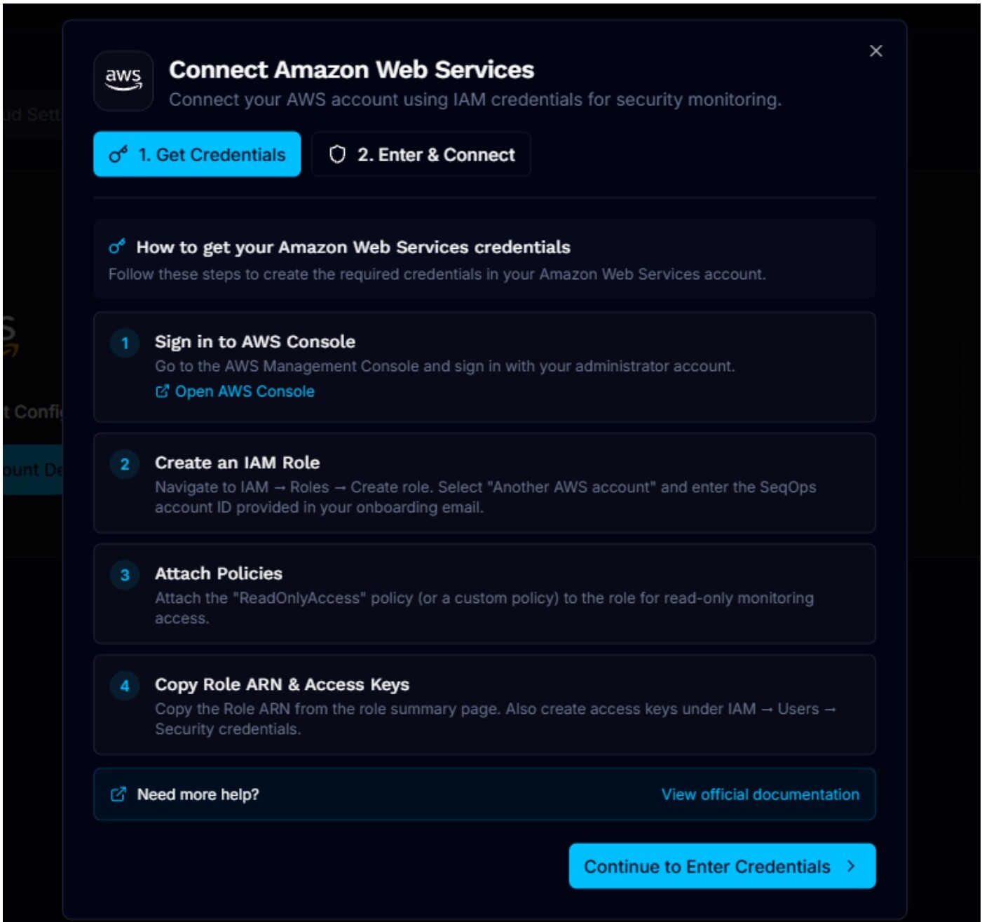 AWS connection dialog showing the Get Credentials step
