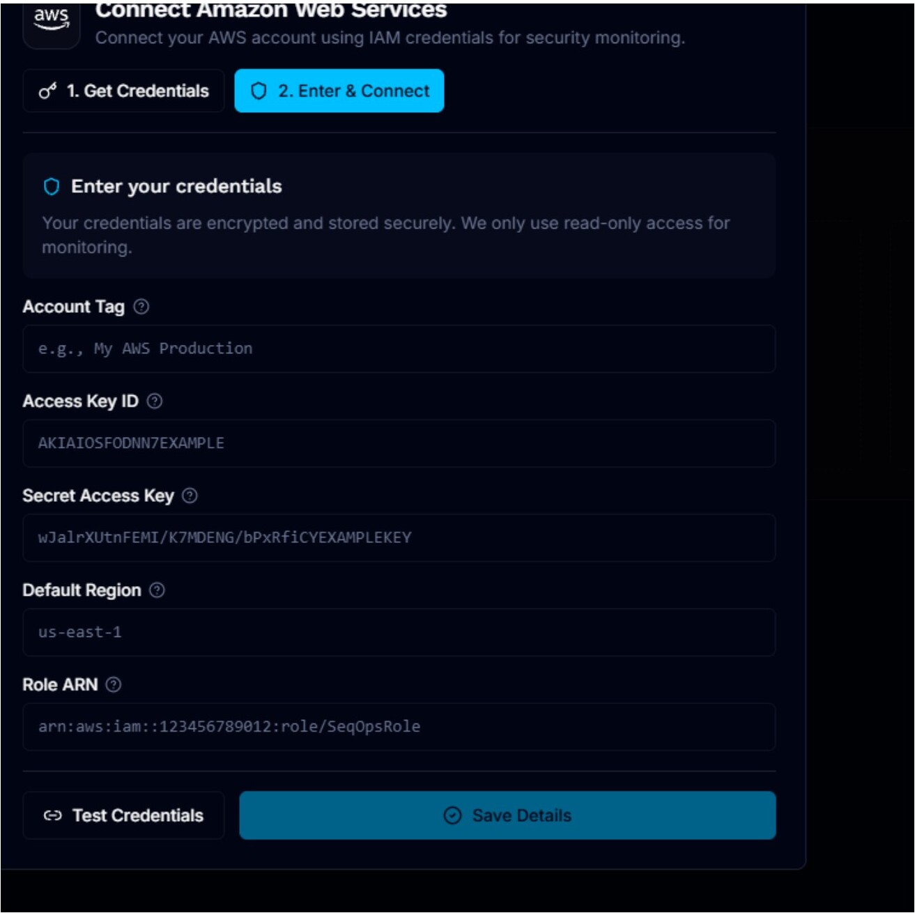 AWS connection dialog showing the Enter & Connect step with credential fields