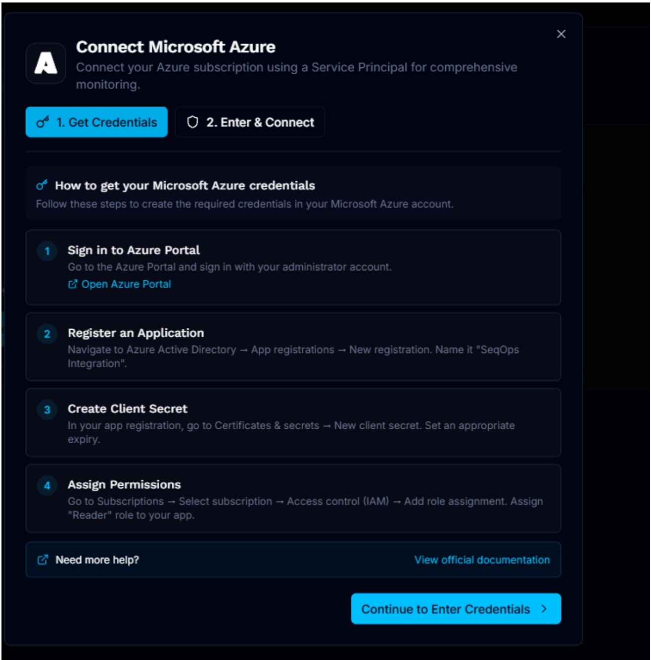 Azure connection dialog showing how to create the required credentials