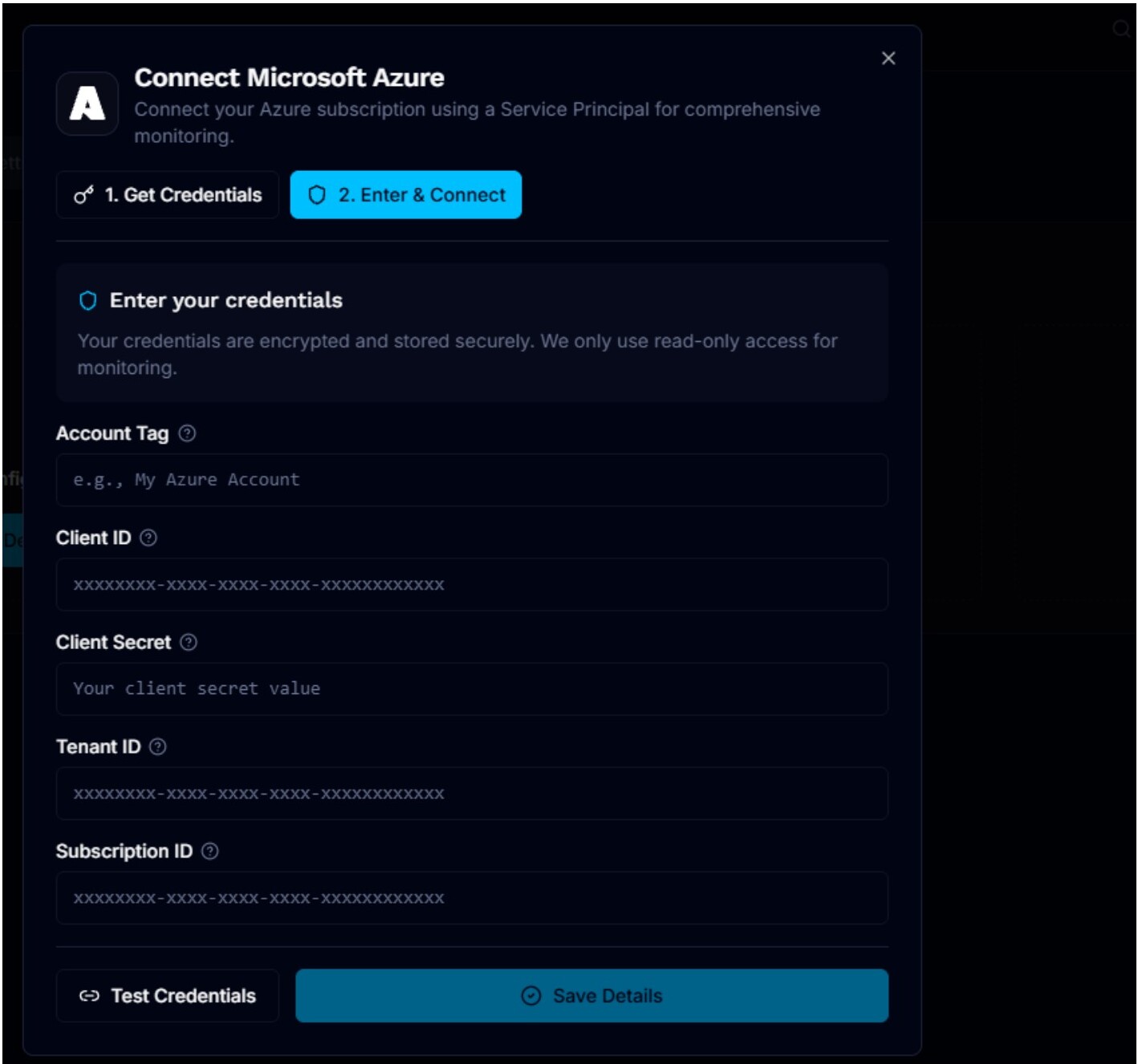 Azure connection dialog showing the credential entry form