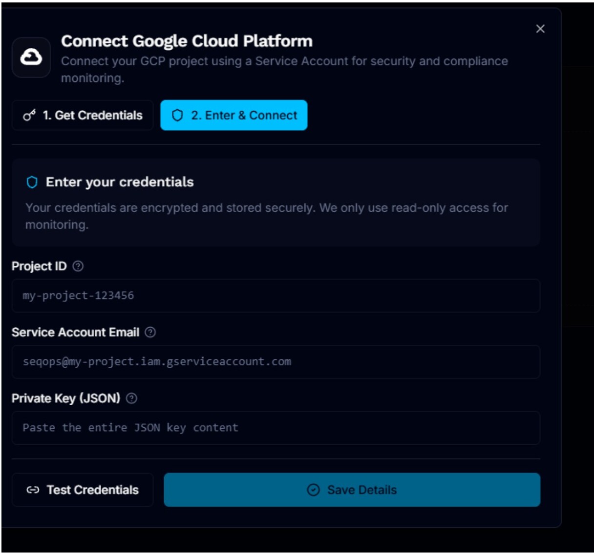 GCP connection flow showing how to create the required service account credentials
