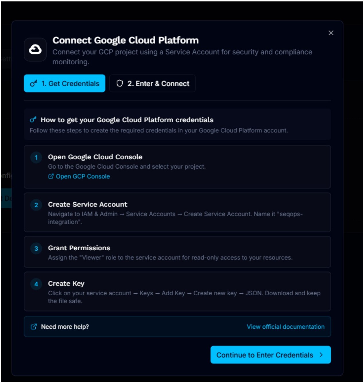 GCP connection form showing where to paste the project and service account credentials