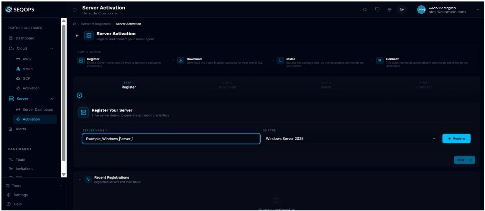Server Activation form used to register a new server in SeqOps