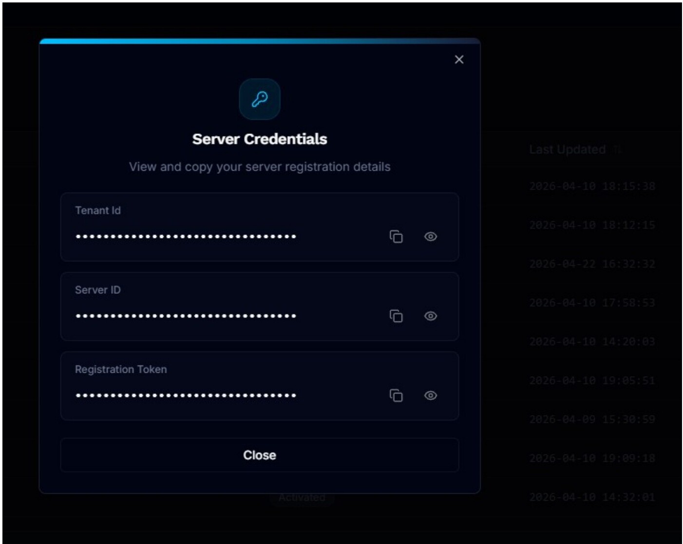 Server credentials dialog showing Tenant ID, Server ID, and Registration Token fields