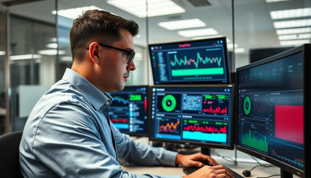 IT security specialist monitoring real-time vulnerability alerts on SeqOps dashboard