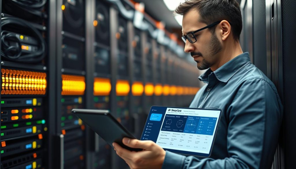Server room with IT specialist using SeqOps scanner on server infrastructure